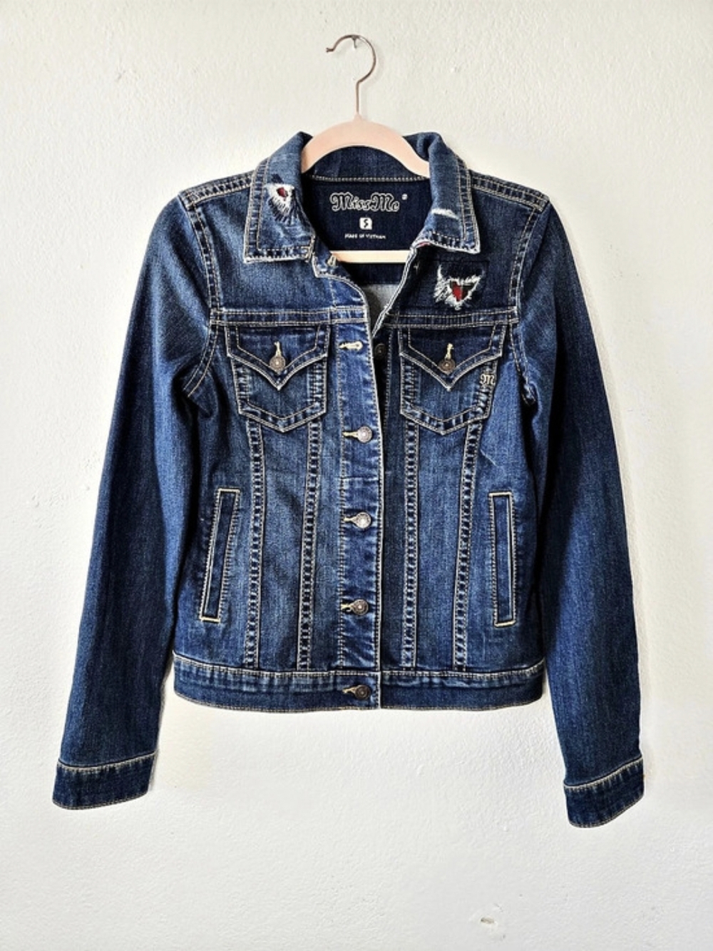 Miss Me Western Wear Distressed Trucker Jean Jacket Plaid Flannel Accents Small